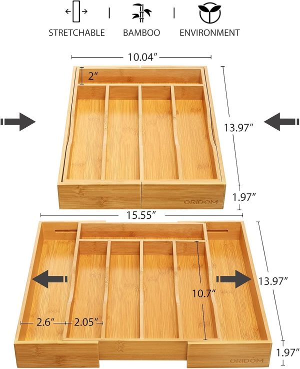 Expandable Bamboo Kitchen Drawer Organizer for Cutlery and Utensils, Adjustable Bamboo Wood Cutlery Tray in Drawer for Flatware and Silverware in Kitchen, (Natural) - Image 2