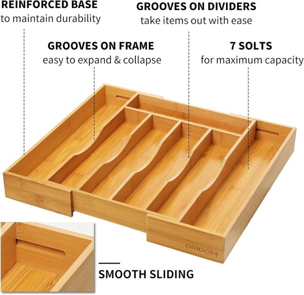 Expandable Bamboo Kitchen Drawer Organizer for Cutlery and Utensils, Adjustable Bamboo Wood Cutlery Tray in Drawer for Flatware and Silverware in Kitchen, (Natural) - Image 3