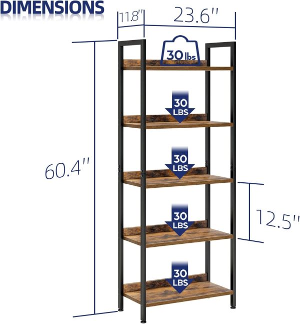NUMENN Bookshelf, 5 Tier Bookshelves, Home Office Bookcase Shelf Storage Organizer, Free Standing Storage Shelving Unit for Bedroom, Living Room and Home Office, Vintage - Image 3
