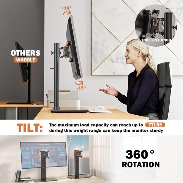 Single LCD Computer Monitor Free-Standing Desk Stand Mount Riser for 13 inch to 32 inch screen with Swivel, Height Adjustable, Rotation, Vesa Base Stand Holds One (1) Screen up to 77Lbs(HT05B-001)) - Image 5