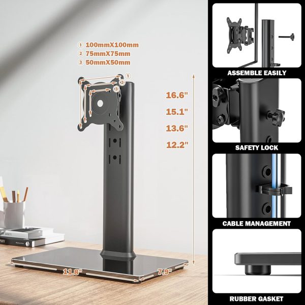 Single LCD Computer Monitor Free-Standing Desk Stand Mount Riser for 13 inch to 32 inch screen with Swivel, Height Adjustable, Rotation, Vesa Base Stand Holds One (1) Screen up to 77Lbs(HT05B-001)) - Image 6