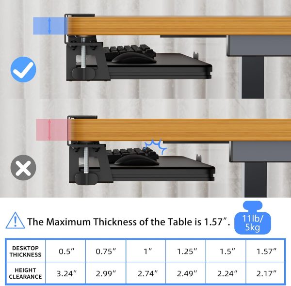 Keyboard Tray Under Desk Pull Out with Adjustable 45° C Clamp for L Shaped Desk, Computer Keyboard & Mouse Tray, 25.6 (30 Including Clamps) x 11.8 inch, Black, DSF1R - Image 7