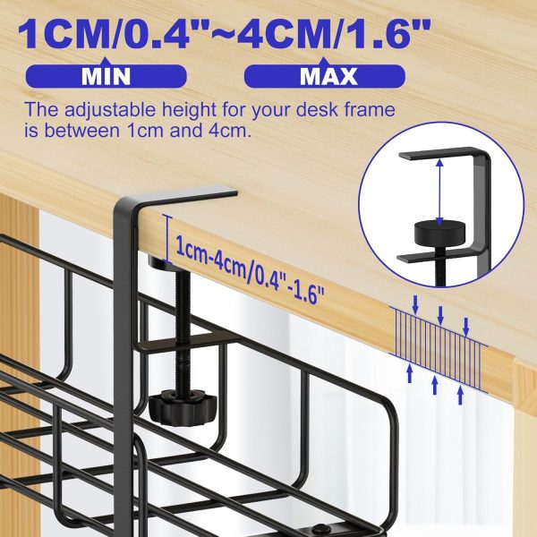 Under Desk Cable Management Tray, 15.7'' No Drill Steel Desk Cable Organizers, Wire Management Tray Cable Management Rack, Desk Cable Tray with Wire Organizer and Desk Cord Organizer - Image 4