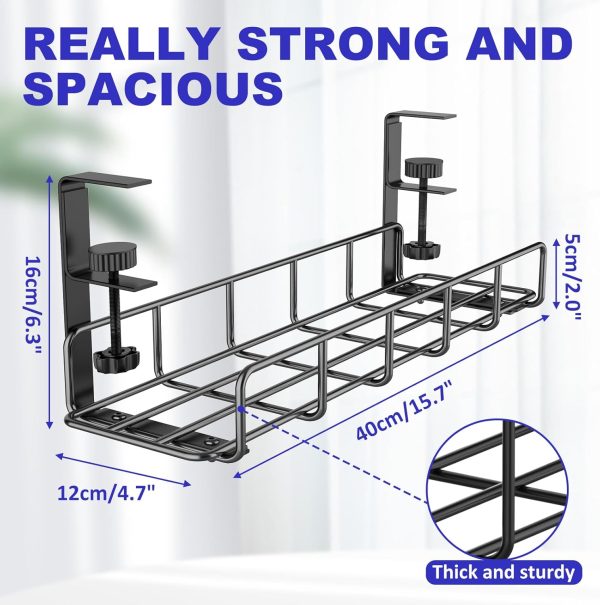 Under Desk Cable Management Tray, 15.7'' No Drill Steel Desk Cable Organizers, Wire Management Tray Cable Management Rack, Desk Cable Tray with Wire Organizer and Desk Cord Organizer - Image 5
