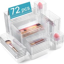 Vtopmart 72 PCS Clear Plastic Drawer Organizers Set, 4-Size Versatile Bathroom and Vanity Organizer Trays, Non-Slip Storage Containers for Makeup, Jewelries, Bedroom，Kitchen Utensils and Office