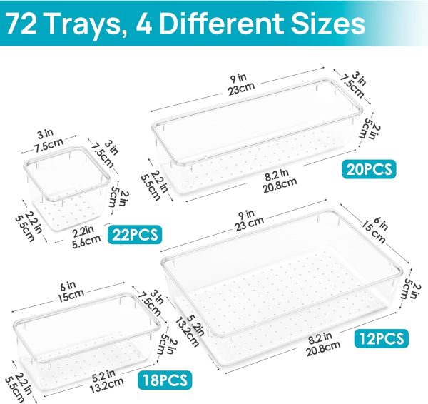 Vtopmart 72 PCS Clear Plastic Drawer Organizers Set, 4-Size Versatile Bathroom and Vanity Organizer Trays, Non-Slip Storage Containers for Makeup, Jewelries, Bedroom，Kitchen Utensils and Office - Image 6